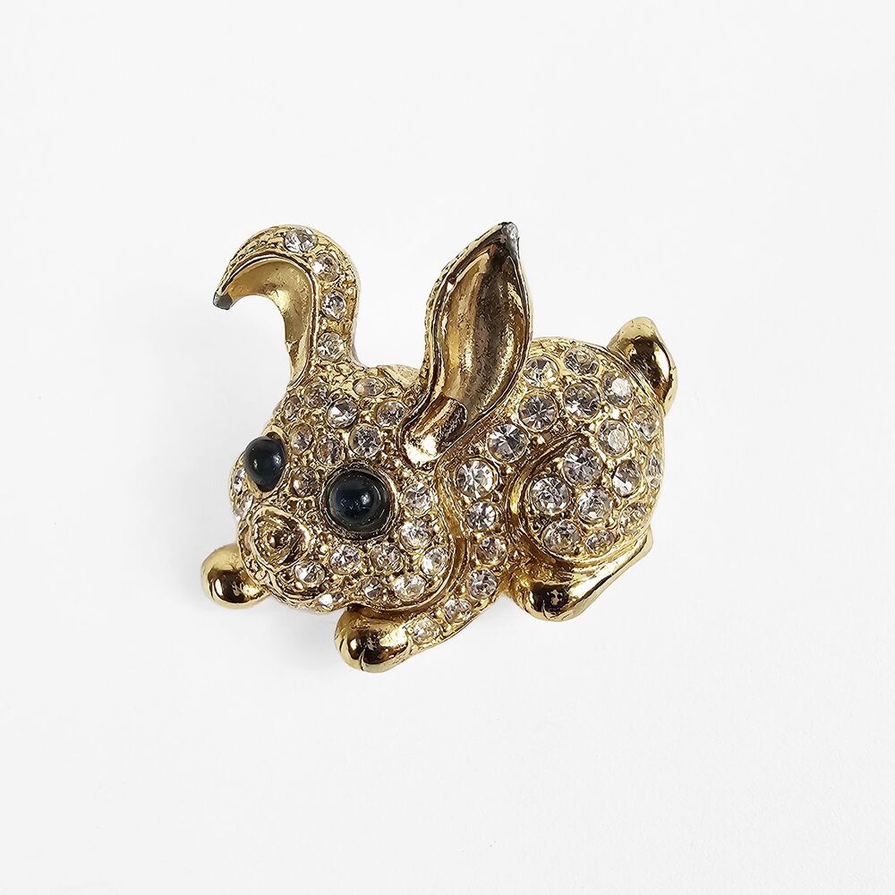 Vintage Rhinestone Bunny Rabbit Easter Gold Tone Brooch